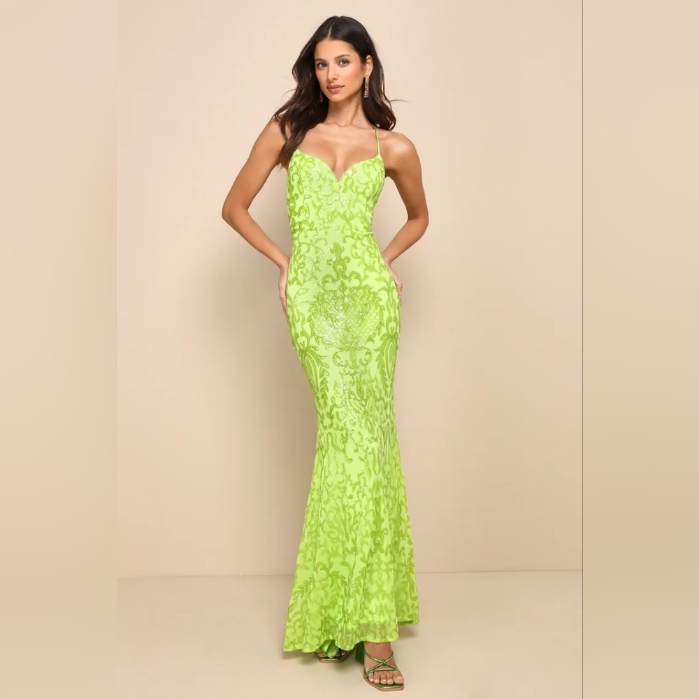 Lulus Limitless Glamour Lime Green Sequin Lace-Up Maxi Dress S Wedding Prom - Picture 2 of 12